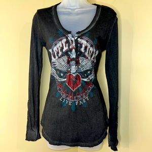 NWOT Affliction Long Sleeve Sequined Shirt With Crotched Sleeves